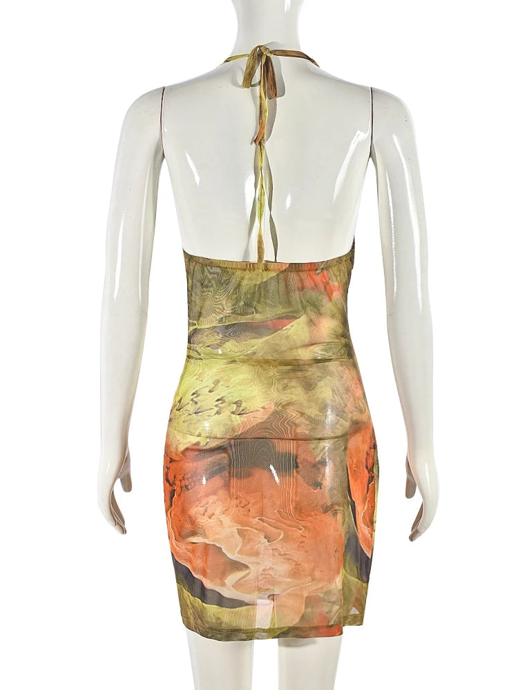 LIZAKOSHT  -  Summer Tie-dye Print Pile Collar Mesh Mini Dress Vacation For Woman 2024 Sexy Hollow Out Backless Bandage Short Dresses
