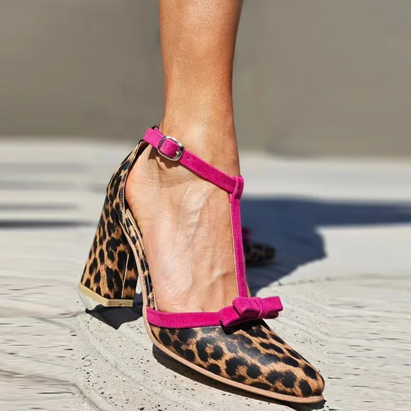 LIZAKOSHT  -  Summer High Heel Sandals Women Fashion Leopard Pattern Color blocked Butterfly Knot Buckle with Thick Heel Women's Single Shoes