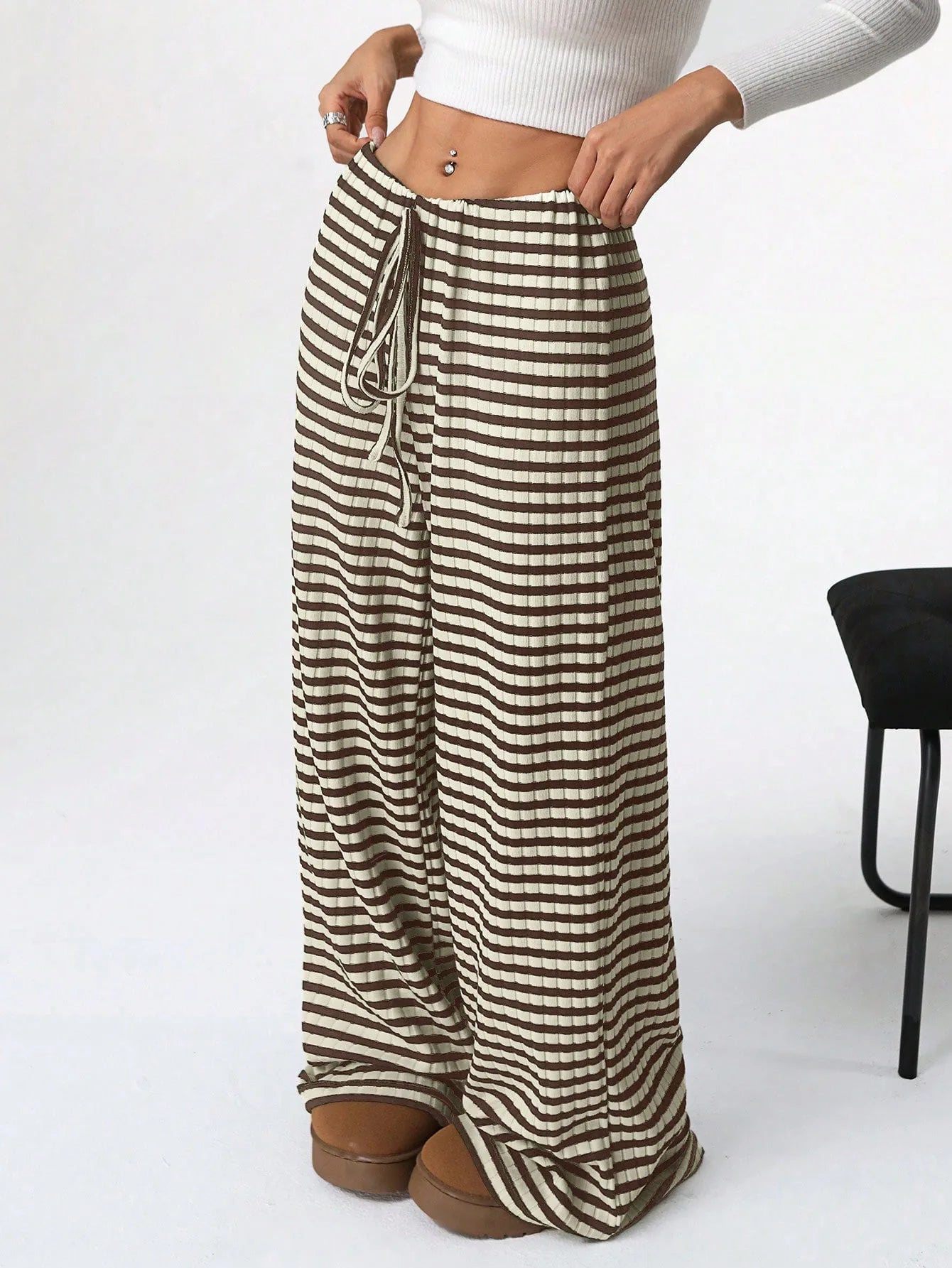 LIZAKOSHT  -  Women's New Casual Striped Solid Color Elastic Rope Cotton Straight Leg Pants