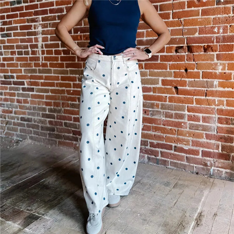 LIZAKOSHT  -  Polka Dot Jeans Women Y2K Print High Waisted Wide Leg Denim Pants Vintage Stretchy Boyfriend Jeans 90s 00s Streetwear