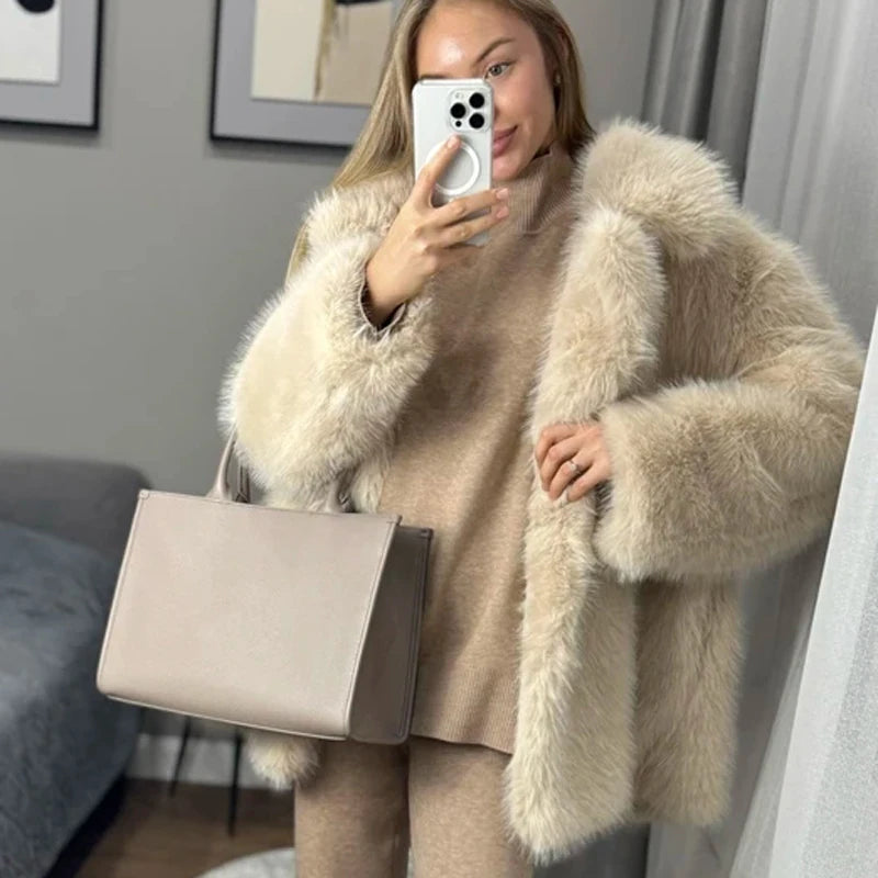 LIZAKOSHT  -  New Thick Cotton Winter Fur Coat Women Suit Collar White Medium Long Luxury Fox Fur Overcoat  High Quality Fury Plush Jacket