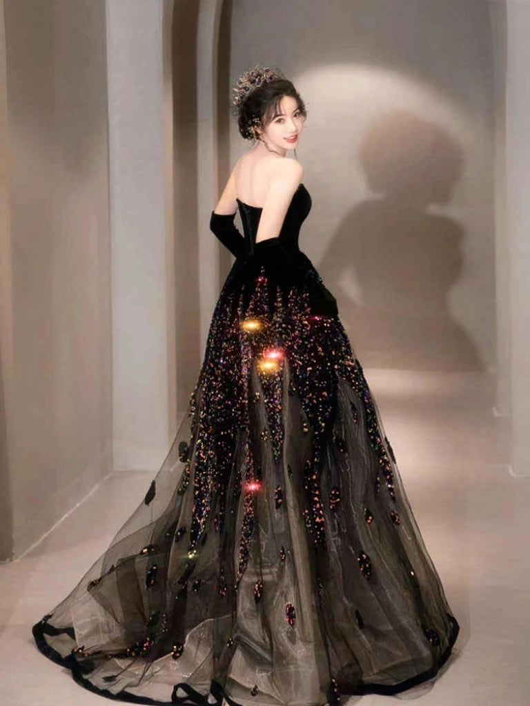 LIZAKOSHT -  Black Strapless Luxury Celebrity Dresses Sleeveless Velvet Sequins A-Line Exquisite Formal Evening Host Party Prom Gowns
