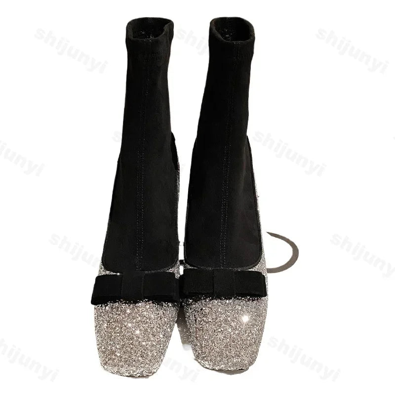 LIZAKOSHT  -  Fashion Shiny Women Mary Jane Socks Boots Designer Bowknot Slip-on Platform Ankle Boots 2025 New Autumn Thick High Heel Boots