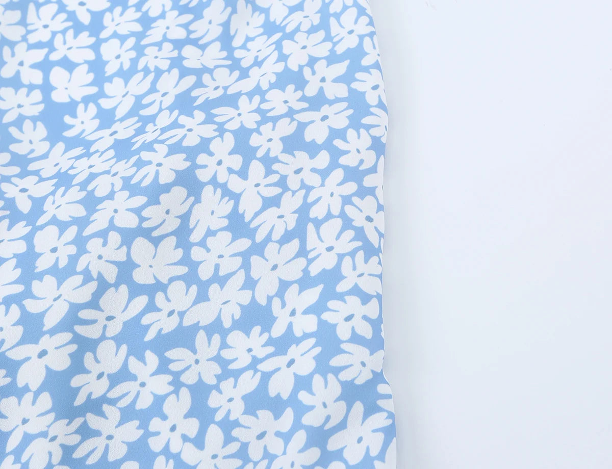 LIZAKOSHT  -  Sexy Light Blue Floral Print V Collar Sling Mini Dress Women Backless Tie Bow Sashes Back A-Line Dresses Femme Vestidos Robe