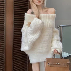 LIZAKOSHT  -  Off Shoulder Solid Color Sweater Women Tops Autumn and Winter New Slouchy Style Thickened Loose Knitted Pullover Women Clothing