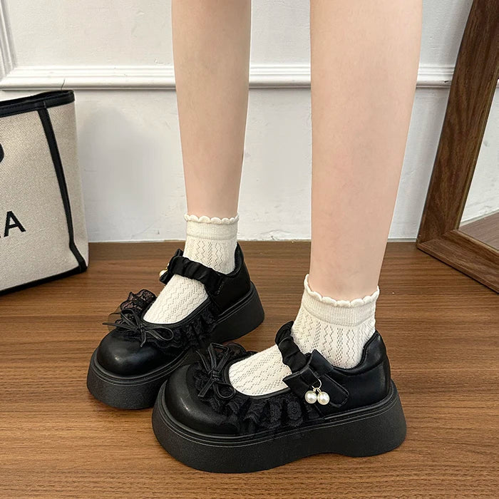 LIZAKOSHT  -  British Style Vintage Women Mary Jane Shoes Concise Butterfly-knot Single Shoes Ladies Height Increase Dress Leather Pumps