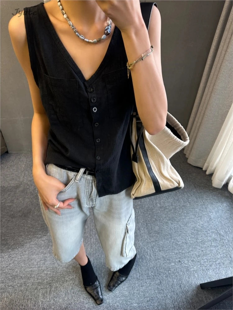 LIZAKOSHT  -  Casual Women Thin Cotton Summer Vest New V-neck Pocket Single Breasted Office Lady Tank Beige Black Fashion Sleeveless Top