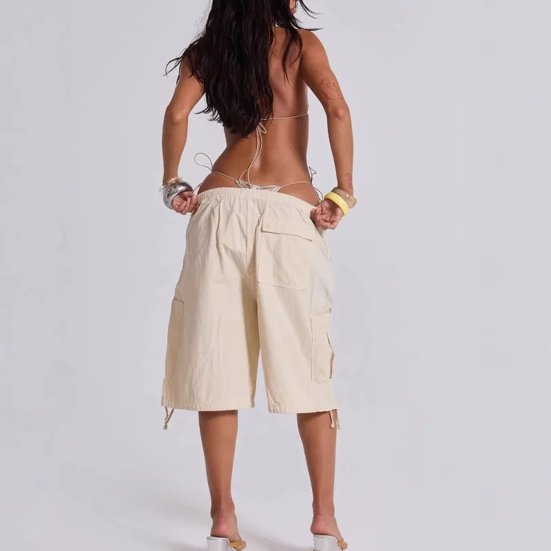 LIZAKOSHT  -  Euramerican Safari Style Drawstring Half Pants Y2k All Match Side Pockets Design Casual Women Wide Trousers Stright Short Pants
