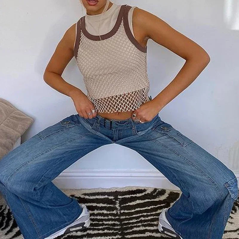 LIZAKOSHT  -  Autumn Streetwear Baggy Jeans Sashes Women Plus Size Pockets Wide Leg Cargo Pants Y2K 90s Low Waist Straight Denim Trousers