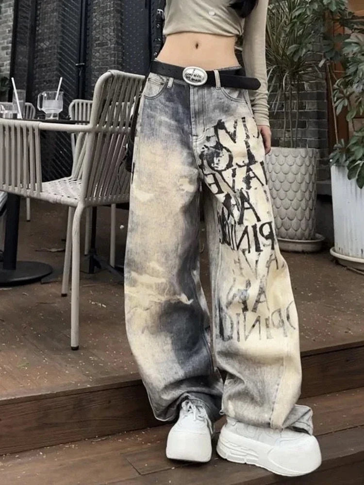 LIZAKOSHT  -  Y2K Letter Gradient Jeans Women Streetwear Fall American Vintage Denim Pants High Street Loose Straight Retro Wide Leg Trousers