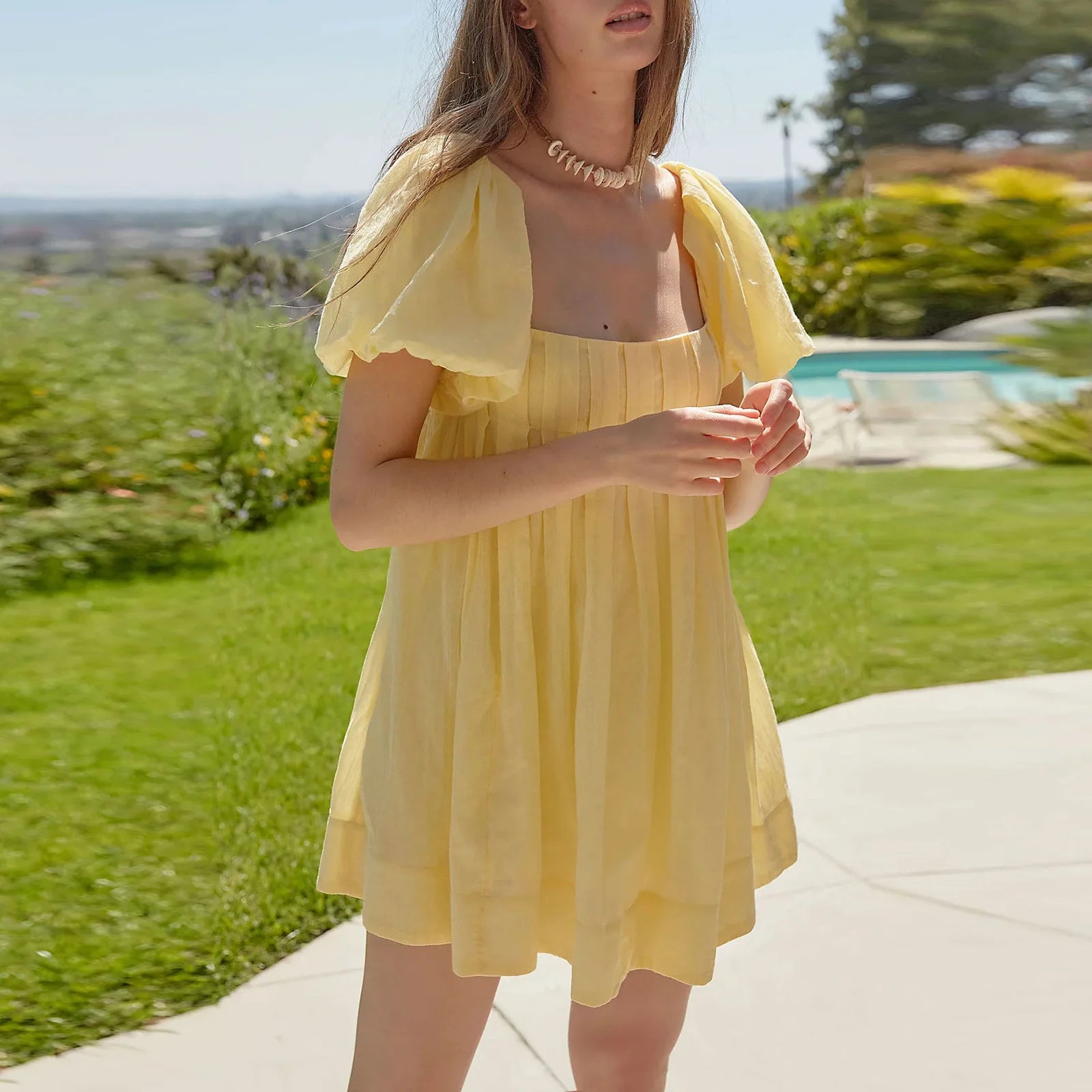 LIZAKOSHT  -  Women Y2k Puff Sleeve Babydoll Short Dress Square Neck Tie Back Mini Dress Flowy Solid Color Summer Vacation Dres