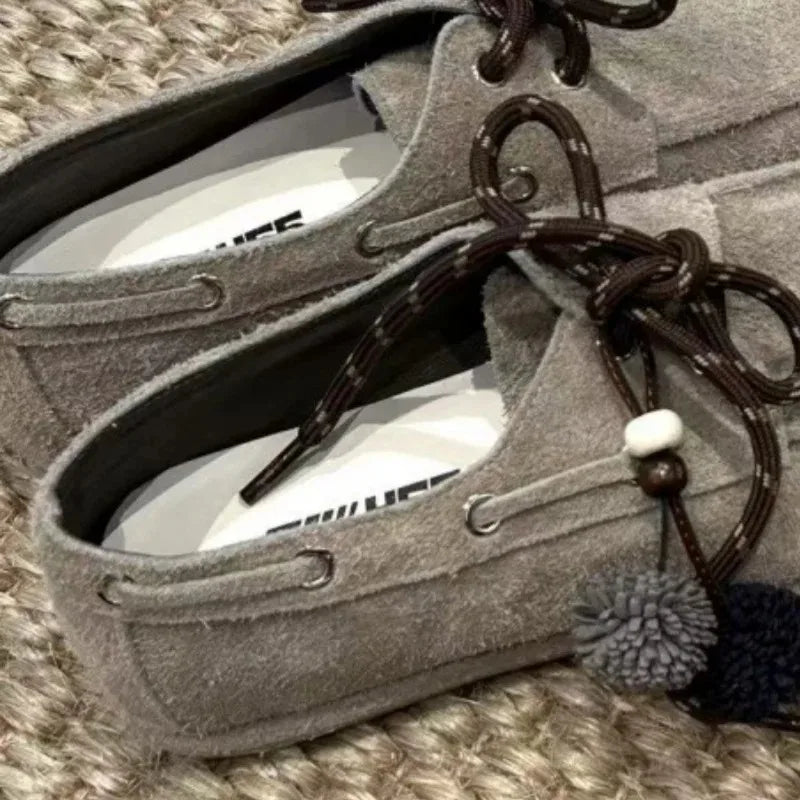 LIZAKOSHT  -  Spring Autumn Round Toe Women Loafers New Cow Suede Lace Up Flat Shoes Casual Versatile Doudou Shoes Soft Soled Lady Shoes