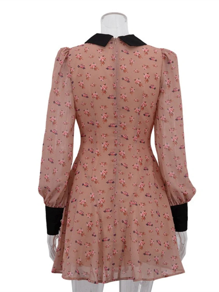 LIZAKOSHT  -  Fashion Printing Contrast Mini Dress For Women Turndown Collar High Waist Pleats Shirt Sleeve Patchwork Women's Mini Dress