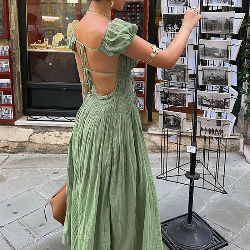 LIZAKOSHT  -  Summer Square Neck Short Sleeved Women's Party Dress Casual Beach Long Dresses Sexy Backless Lace Up Pleated Holiday Dress