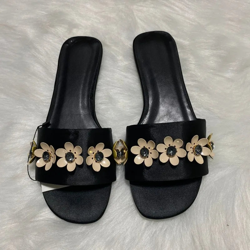 LIZAKOSHT  -  Brand Summer Women Flat Slides Flower Decoration Black Open Toe Vacation Female Beach Shoes Outside Plus Size Modern Slippers