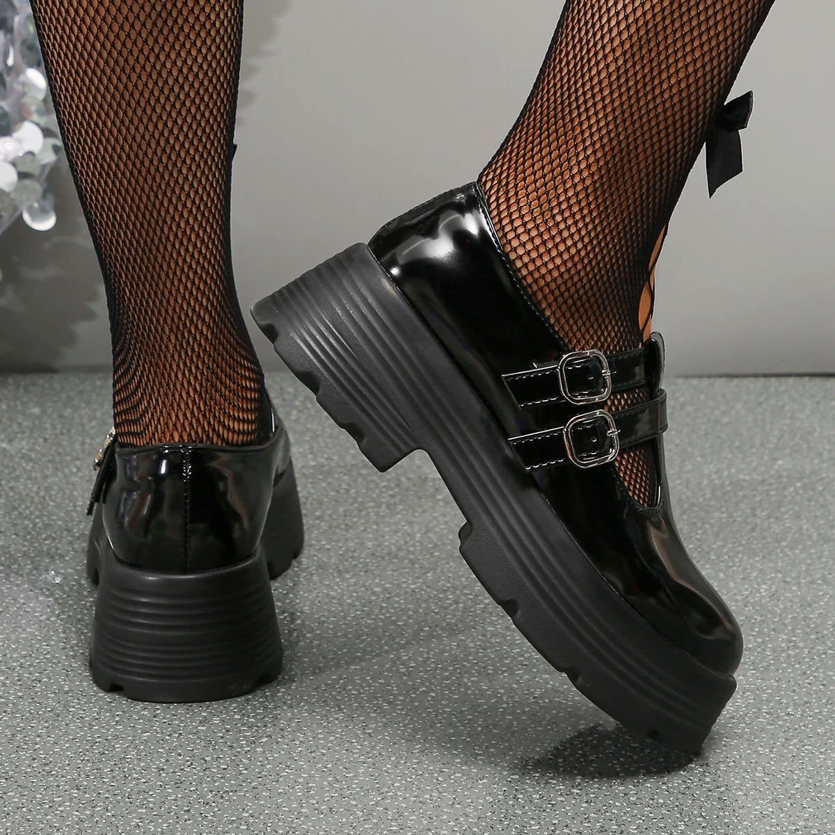 LIZAKOSHT  -  Chunky Platform Mary Jane Shoes Women Patent Leather Double Buckle Strap Pumps Woman Black White Thick High Heels Lolita Shoes