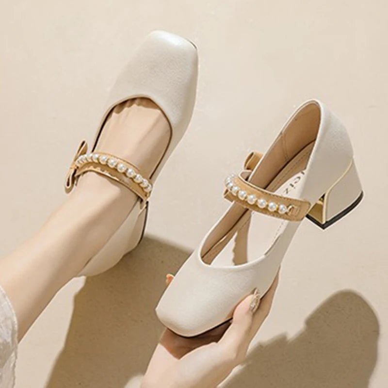 LIZAKOSHT  -  Women 5cm High Heels Elegant Prom Pumps Female Cute Pearl Bow Strap Thick Heels Lady Gentle Square Toe Mary Jane Shoes Big Size