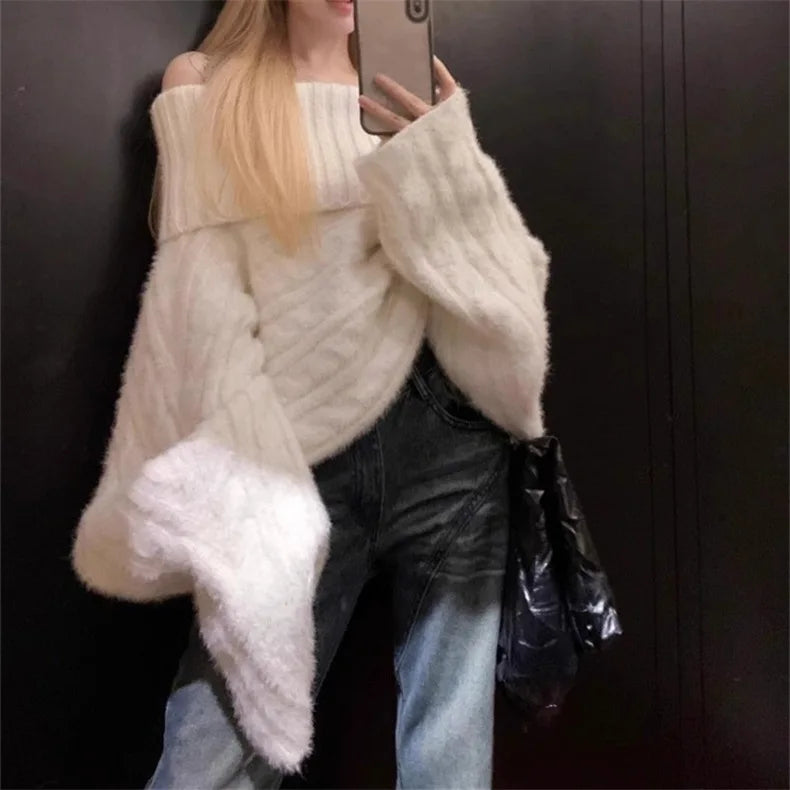 LIZAKOSHT  -  Off Shoulder Solid Color Sweater Women Tops Autumn and Winter New Slouchy Style Thickened Loose Knitted Pullover Women Clothing
