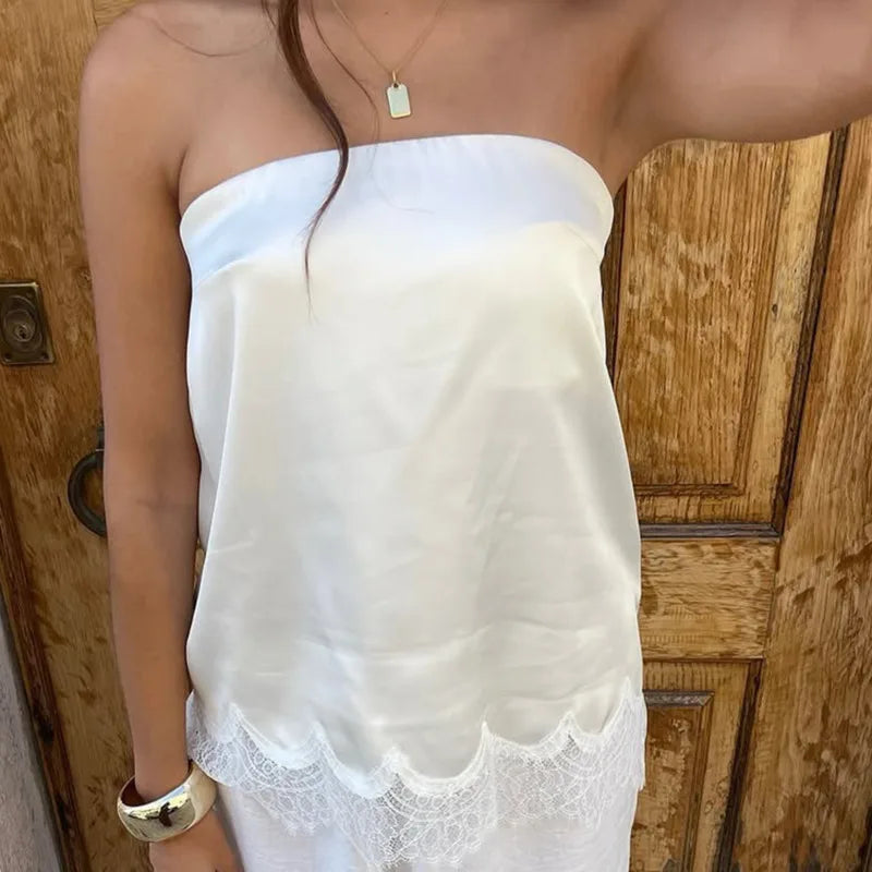 LIZAKOSHT  -  Sexy Strapless Satin Vest Irregular Lace Women's Top Summer Solid Color Loose Comfortable Lazy Daily Leisure Commuting White Top