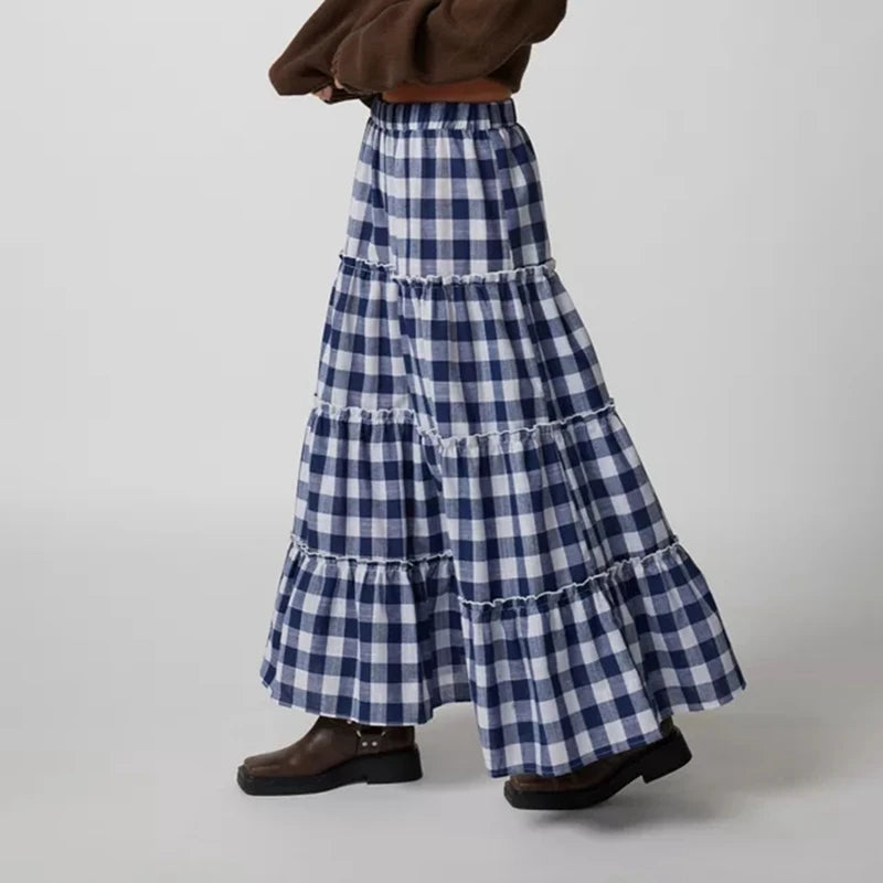 LIZAKOSHT  -  Y2k Women Gingham Tiered Maxi Skirts A Line Ruffle Plaid Midi Skirt Summer Beach Casual Loose Flowy Long Skirt