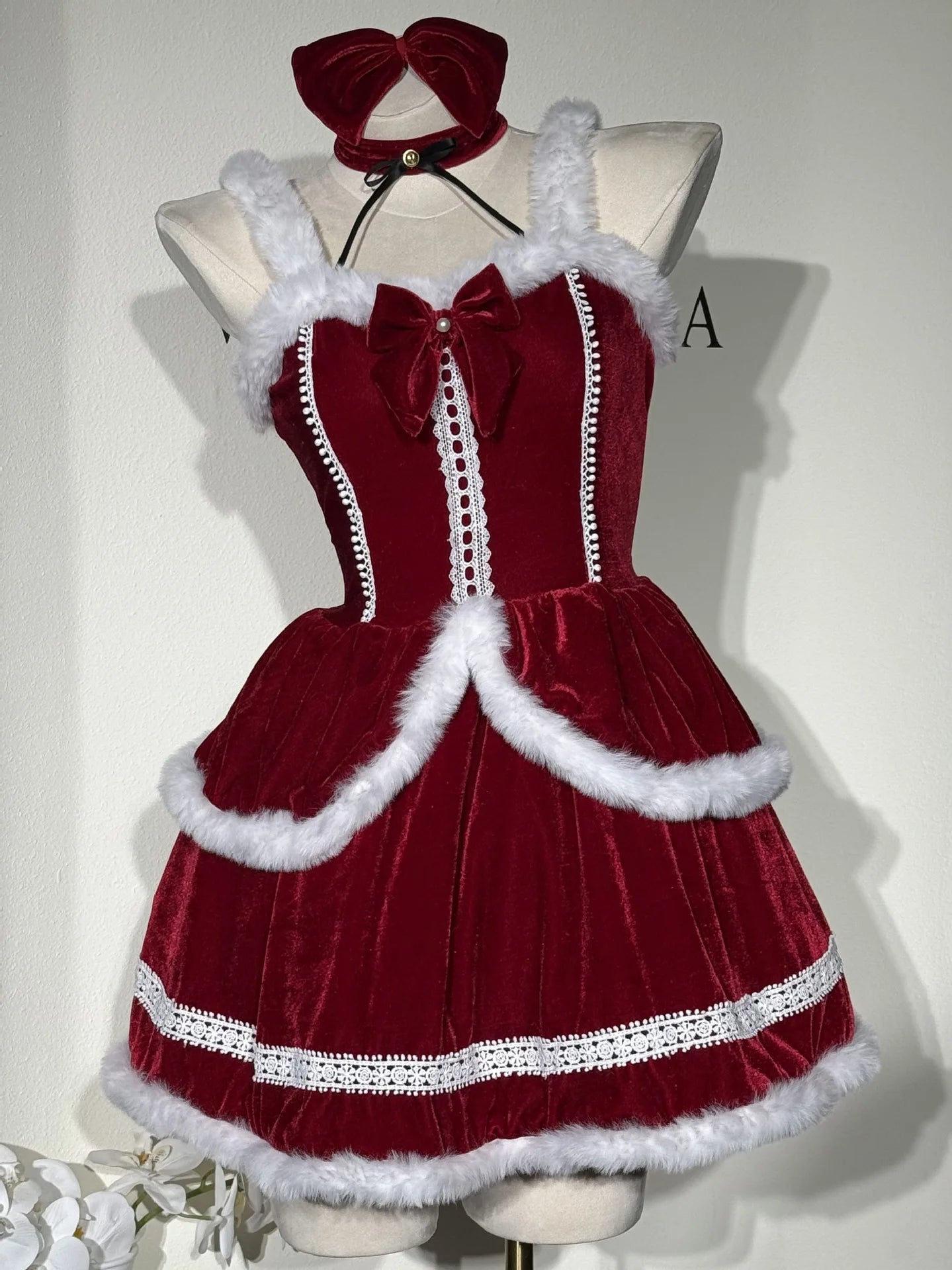  LIZAKOSHT  -  Women Christmas Wine Red Lace Fuzzy Trim Sleeveless A‑Line Dress with Bow Headband Festival Costume