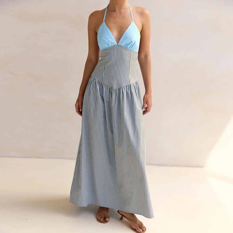 LIZAKOSHT  -  Women Halter Neck Striped Backless Maxi Dress Summer Sleeveless Long Dress Vacations Outdoor Backless Flowy Dress