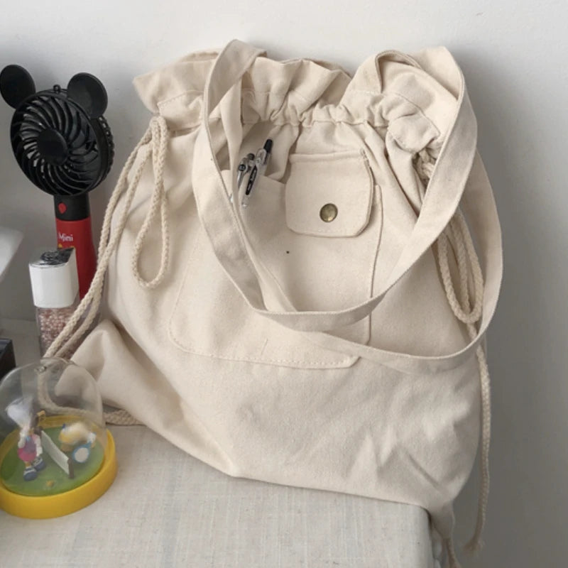 LIZAKOSHT  -  Korean Ins Simple Girls Canvas Bag Japanese Chic Y2k Aesthetic Casual Tote Bags Drawstring Pleated Shoulder Handbags for Women