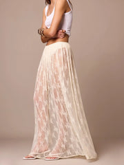 LIZAKOSHT  -  Womens Sexy Sheer Lace Skirt High Waisted Floral Embroidered See Through Ruffled A Line Long Maxi Long Beach Coverup Skirts