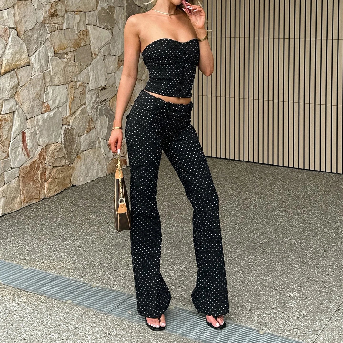 LIZAKOSHT  -  Chic Polka Dots Printed 2-Piece Pant Sets Low Waist Straight Leg Trousers &Sleeveless Strapless Y2K Tank Top Women Sets