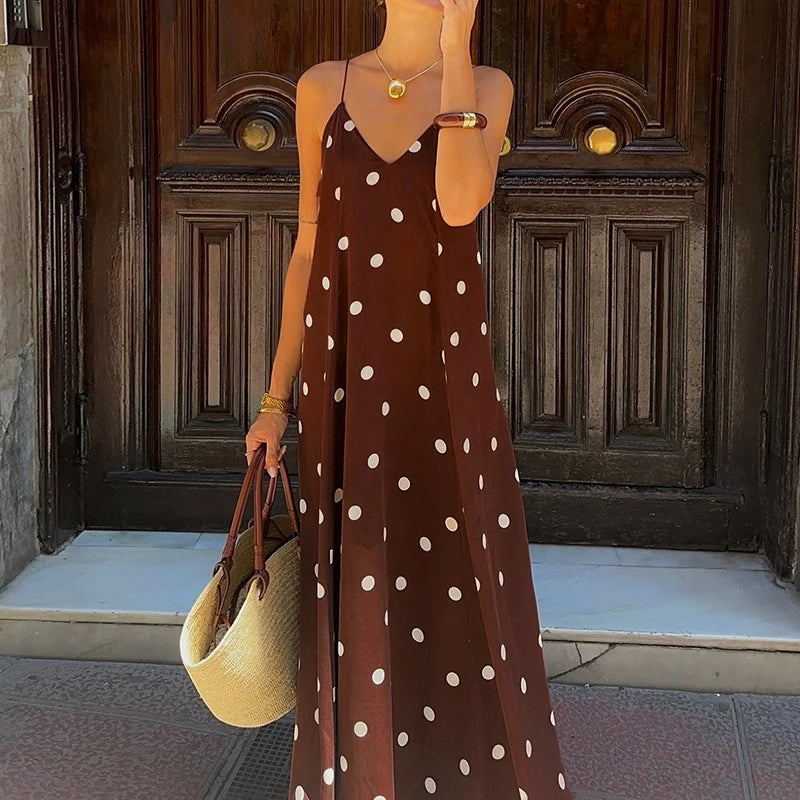 LIZAKOSHT  -  Polka Dot Print Sexy Long Dress Vintage Backless Hight Waist Draped Party Dresses Women's V-Neck Sleeveless Suspender Dress