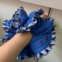 LIZAKOSHT  -  1PC Navy Blue Baby Cotton Gauze Fabric Small Cherry Hair Scrunchie - Ruffled Hair Accessory & Hair Tie for Ponytails