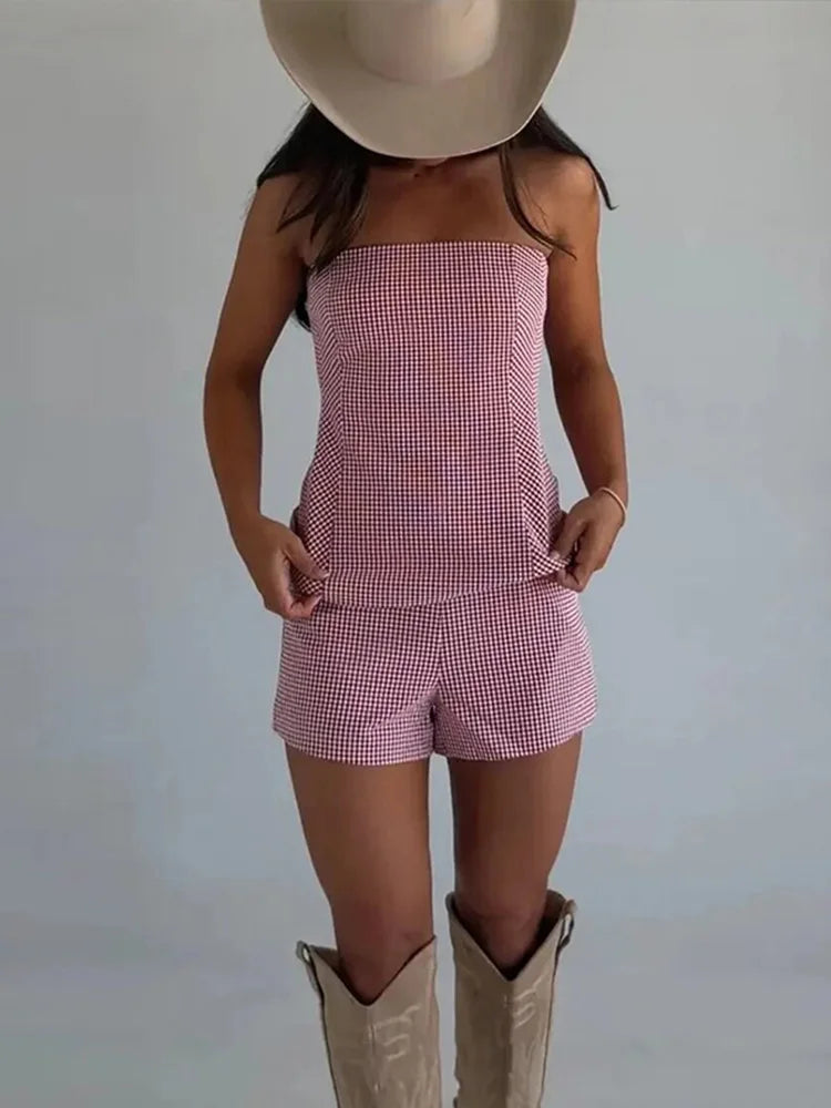 LIZAKOSHT  -  Gingham Skirt Set Women 2 Piece Strapless Top High Waist peplum Shorts Party Wear Slim Fit Summer Vacation Beach Woman Clothes