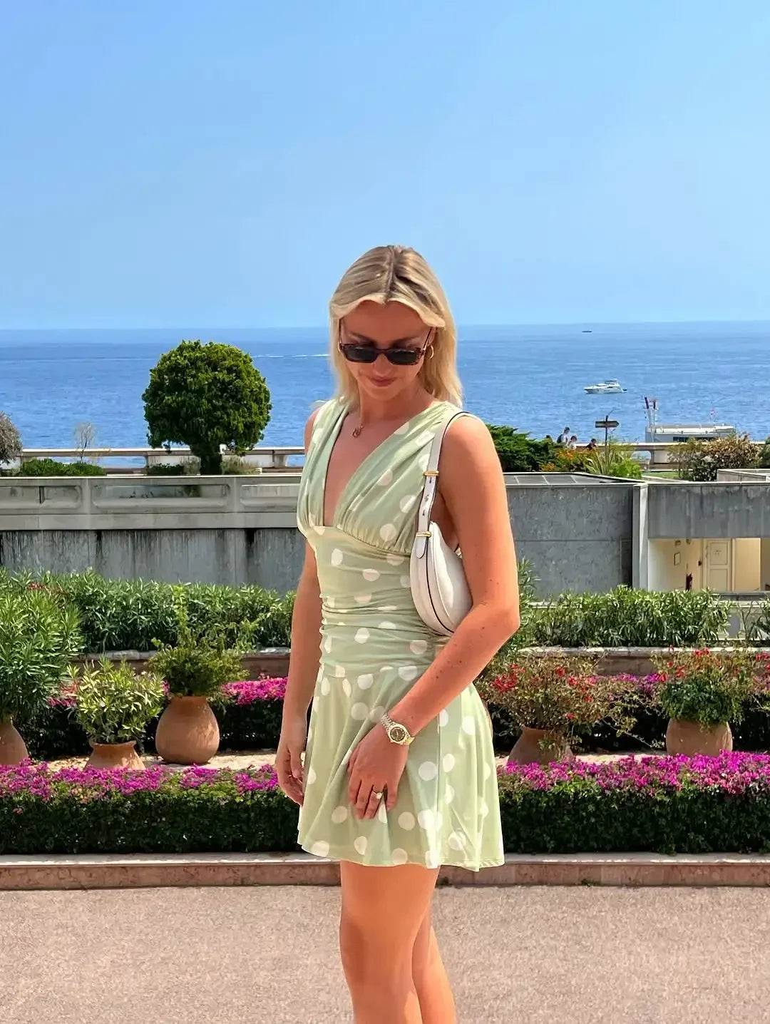 LIZAKOSHT  -  Summer Polka Dot Mini Dresses Women Casual V-neck Waist-cinching Sleeveless Pleated A-line Dress Fashion Lady Vacation Robe