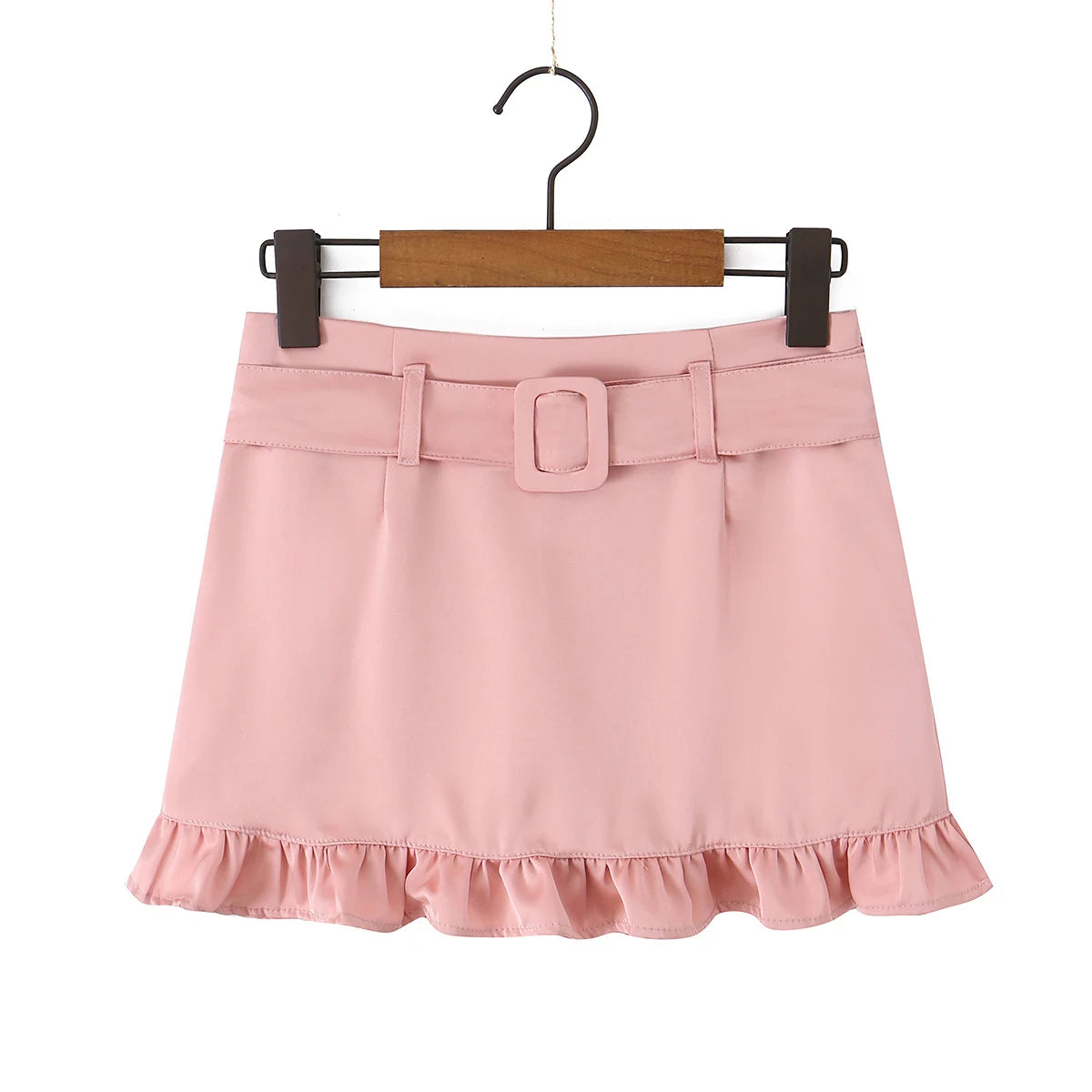 LIZAKOSHT  -  Sexy With Sashes Zipper Waist Satin Skirt With short lining Women Ruffles Hem A-line Package Hips Short Skater Bottom Black Pink