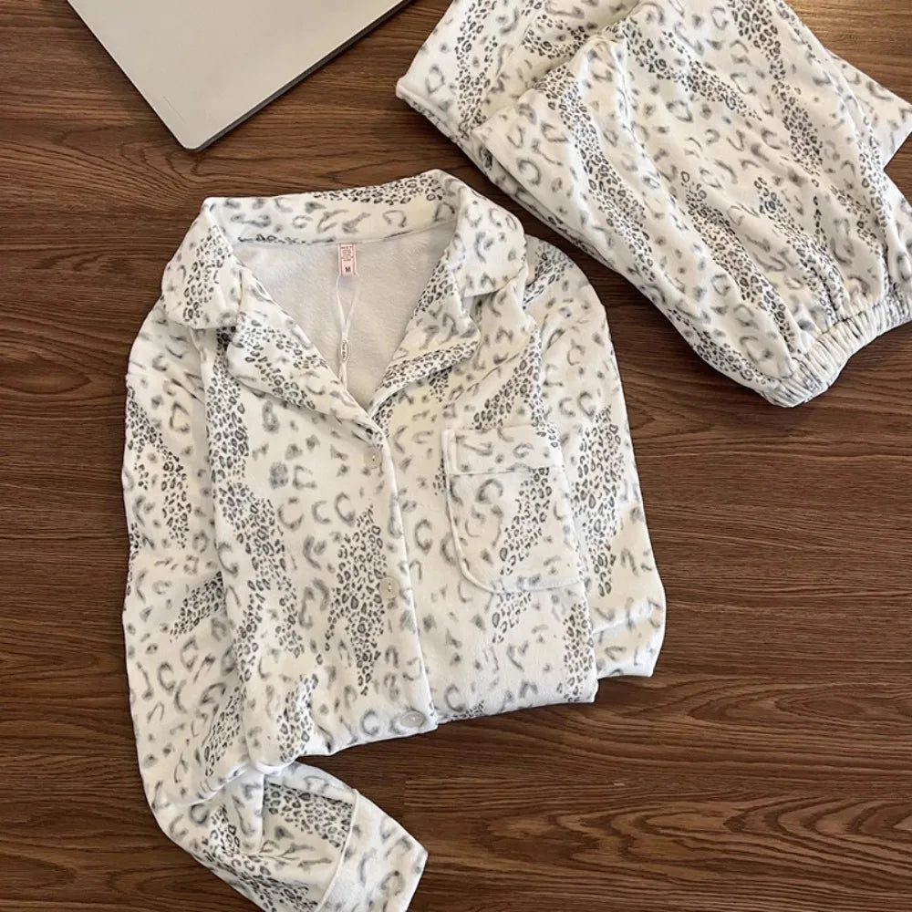 LIZAKOSHT  -  Leopard Print Soft Pajamas for Woman Sleepwear Long Sleeved Top and Long Trousers Casual Loungewear Set Pyjamas Spring Autumn