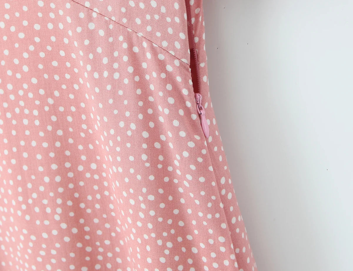 LIZAKOSHT  -  Vintage French Style Polk Dot Print Spliced Lace Deep V neck Short Sleeve Dress Woman A-lined Midi Long Dresses Vestidos Robe