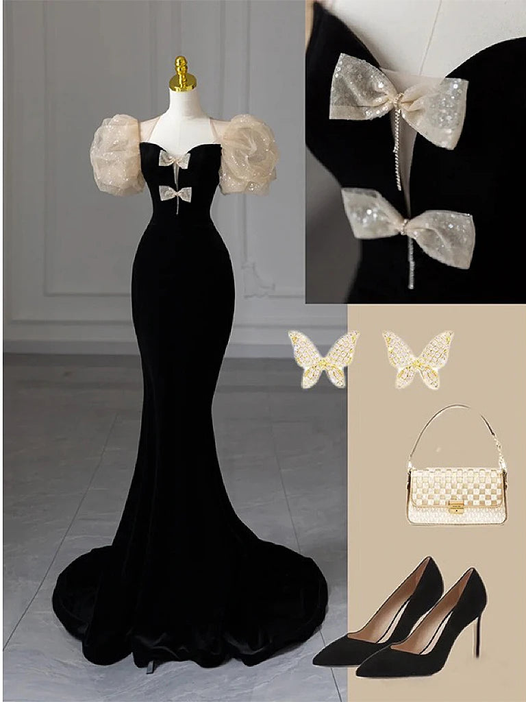 LIZAKOSHT -  Sweetheart Bow Evening Dresses Elegant Puff Sleeves Mermaid Black Velvet Fishtail Noble Wedding Formal Party Prom Gowns Formal