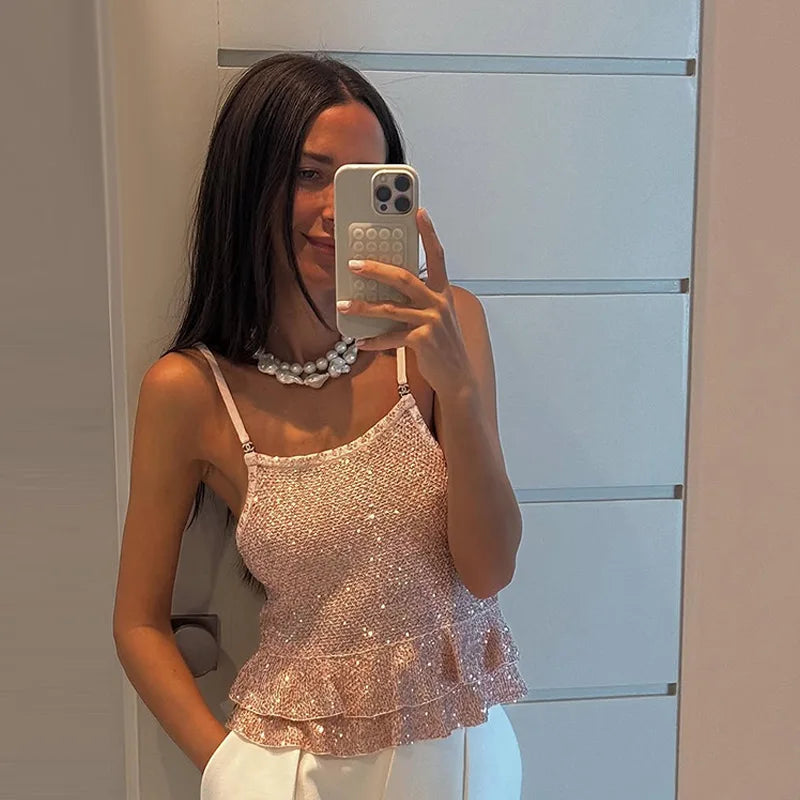 LIZAKOSHT  -  Knitted Sequins Ruffled Hem Vest Top Women Sleeveless Backless Loose Sexy 2025 Summer Tank Beach Street Fashion Lady Tops