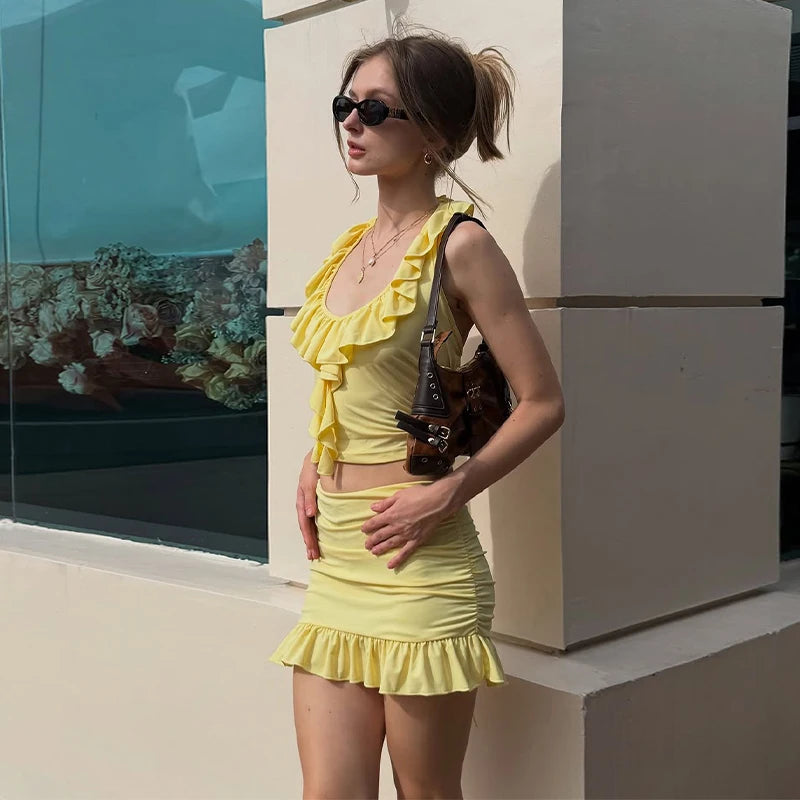 LIZAKOSHT  -  Yellow Layered Ruffles Skirt Set Women's Sexy Slim Fit Floral Edge Backless Halter Top Set 2025 Summer Vacation Street Outfit