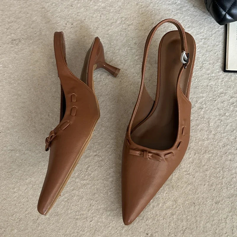 LIZAKOSHT -  Spring Brown Fashion Slingbacks Thin Low Heels Elegant Butterfly-knot Buckle Strap Woman Pumps Party Wedding Shoe