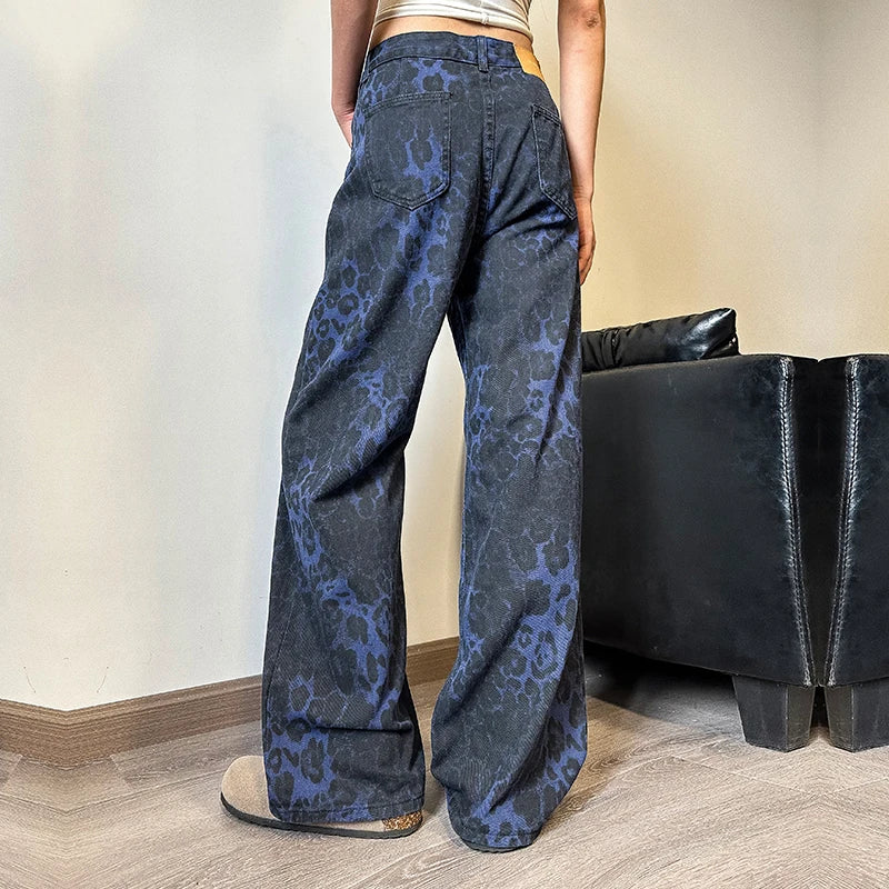 LIZAKOSHT  -  Women's Leopard Print Jeans Vintage Casual Straight Pants Streetwear Loose Wide Leg Pants Y2K Baggy Denim Trouser