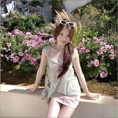 LIZAKOSHT  -  French Floral Fake Two Piece Lace Cami Top Women Summer Slim Fit Sweet Sexy Chic Camis Style Streetwear Fashion Outfit New