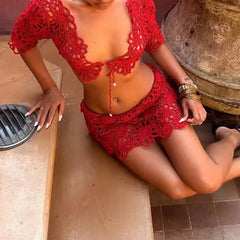 LIZAKOSHT  -  Hot Girl Beach Party Two Piece Set Sexy V-neck Hollow Out Lace Tops&Mini Skirts Sets Summer New Solid Color Mesh Knitted Outfits