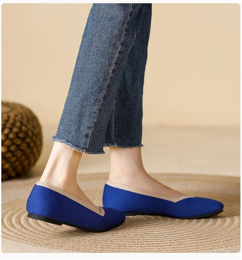 LIZAKOSHT  -  Women Spring Summer Comfort Fashion Knitting Fly Line Flat Shoes Luxury Shallow Mouth Square Toe Soft Sole Single Shoes