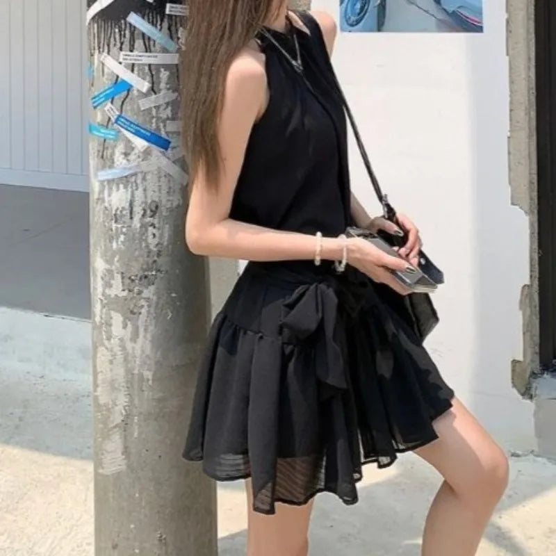 LIZAKOSHT  -  Ruffles Women Dresses Solid Halter Spring Summer Elegant Vestidos Mujer Korean Fashion Bandage Retro Mini Dress