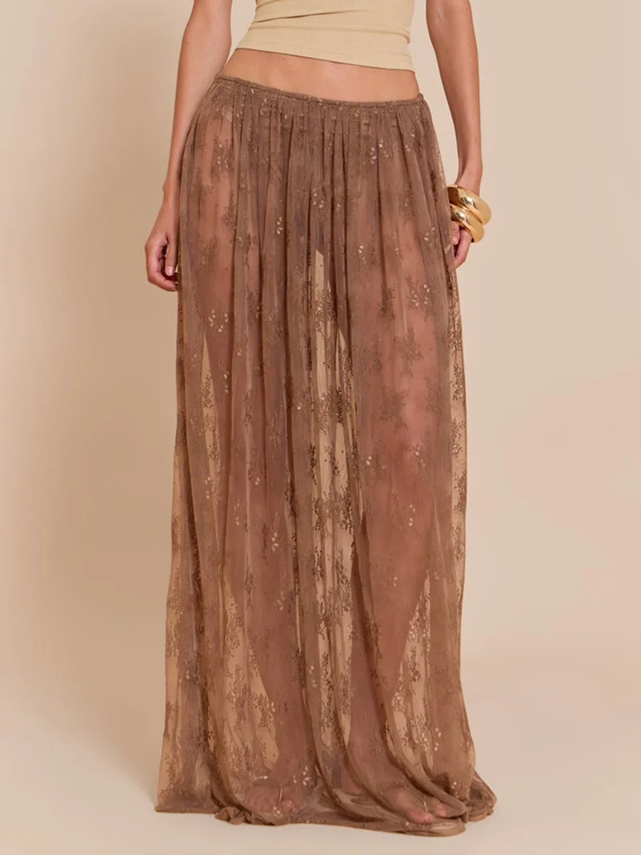 LIZAKOSHT  -  Womens Sexy Sheer Lace Skirt High Waisted Floral Embroidered See Through Ruffled A Line Long Maxi Long Beach Coverup Skirts