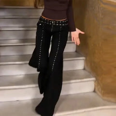 LIZAKOSHT  -  Street Cool Black Rivet Hole Jean Women Vintage Mid-Waist Long Pants Fashion Y2K Zipper Denim Trouser Straight Leg Jeans