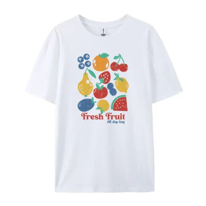 LIZAKOSHT  -  Cartoon Fruit Print T Shirt Cute Y2k Aesthetic T-Shirt Short Sleeve Loose Streetwear Graphic Tees Women Retro Fashion Female Top