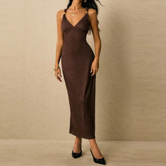 LIZAKOSHT  -  Elegant V-neck High Waist Skinny Dress Women Sexy Backless Sleeveless Long Dress Fashion Draped Hollow Out Slim Gowns Dress