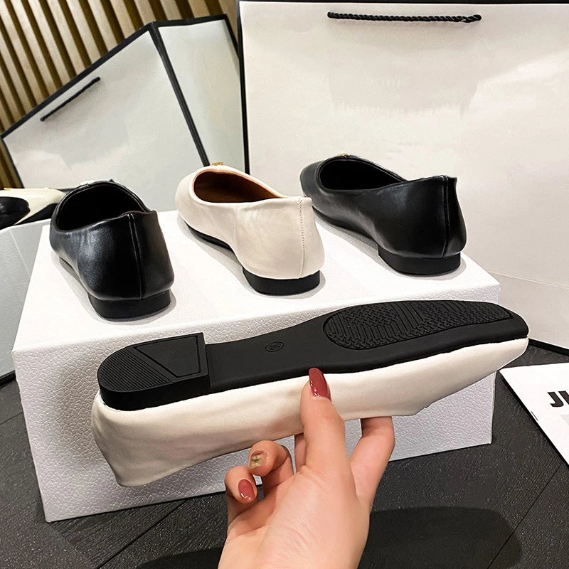 LIZAKOSHT -  brief style women moccasins meatal decoration slip on loafers square toe soft leather flats women working shoes big size 43